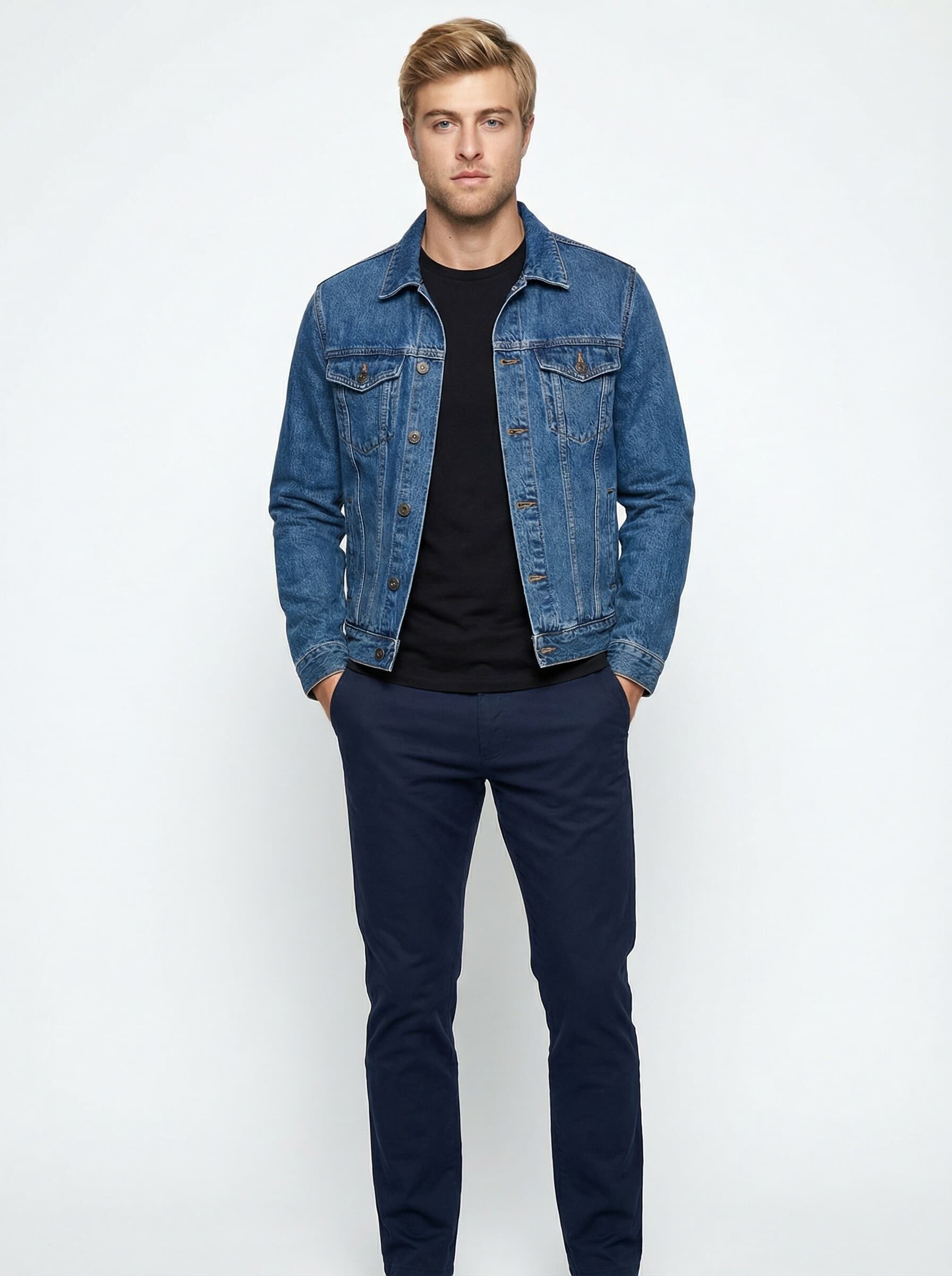 AI-generated on-model photo - blue denim jacket on model Blake, casual styling from hanger input